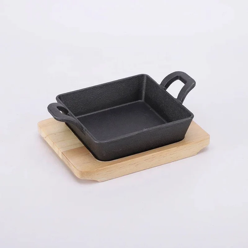 CHEFCO,CIPS-1212,Square mini Cast Iron Platter with wooden base, 4.9"x 4.9" (12.5 cm x 12.5 cm)