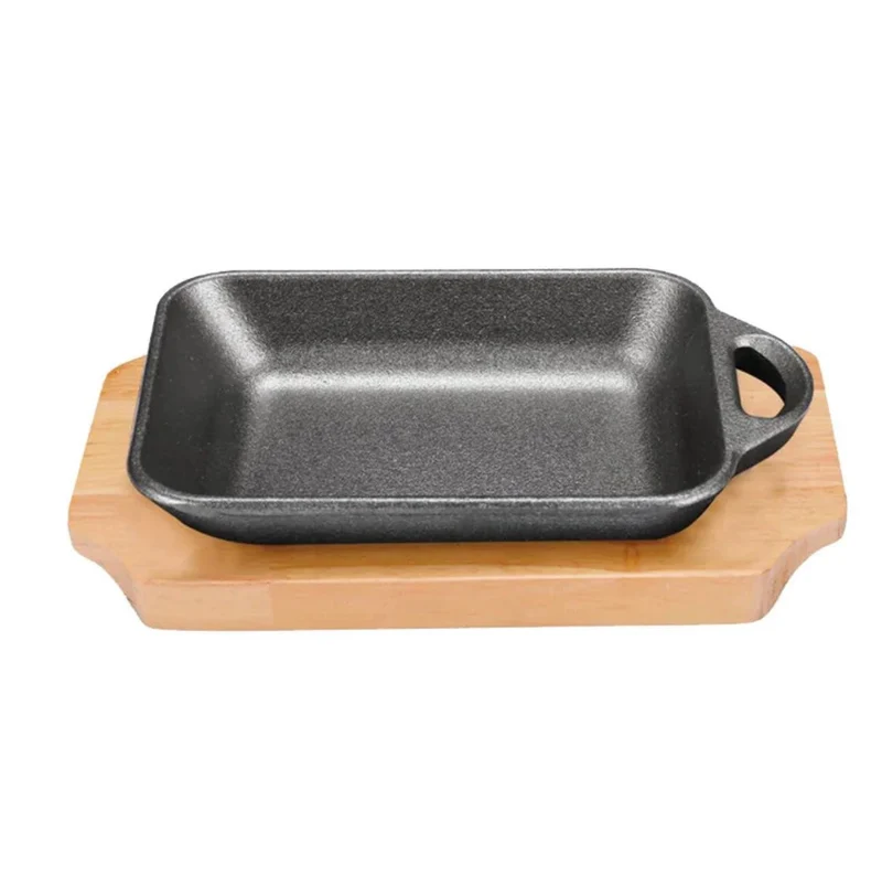 CHEFCO,CIPR-1411,Rectangular mini Cast Iron Platter with wooden base, 5.5" x 4" (or 14 cm x 10 cm)