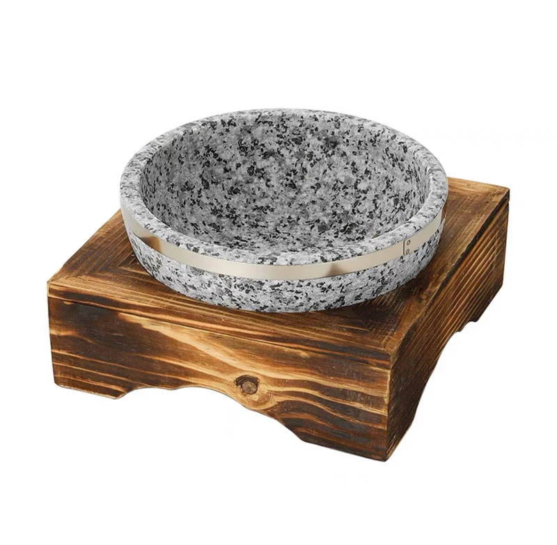 CHEFCO,SBS-18, Bibimbap Stone Bowl With Wooden Base-Natural Stone Cooking Soup Bowl(18cm/7" Dia)