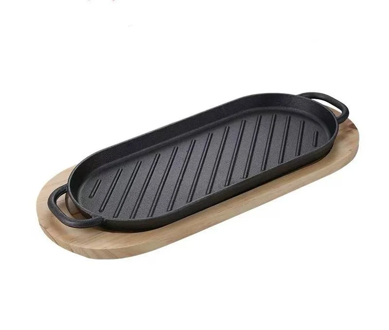 Sub-equip,CIPR-3716,Enamel Oval Mini Cast Iron Ribbed Platter with Wooden Base,2pcs/set (37.3cm/14.7" x16cm/6.3")
