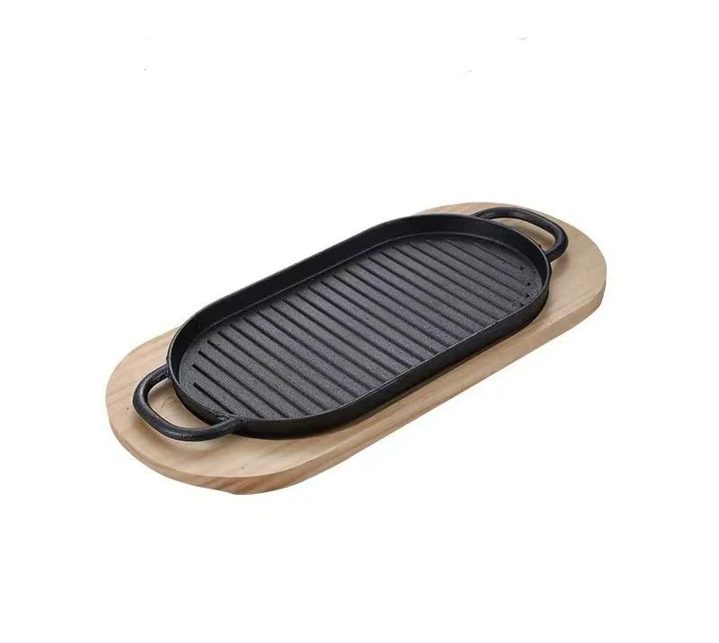 Sub-equip,CIPR-3016,Enamel Oval Mini Cast Iron Ribbed Platter with Wooden Base,2pcs/set (30.5cm/12" x16cm/6.3")