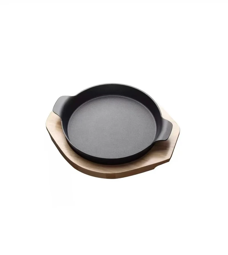 Sub-equip,CIPS-153,Enamel Round Mini Cast Iron Platter with Wooden Base,2pcs/set (15cm/5.9" Dia)