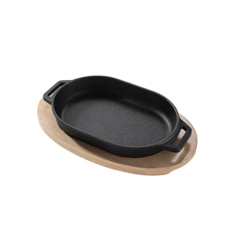 Sub-equip,CIPR-2517,Enamel Oval Mini Cast Iron Platter with Wooden Base,2pcs/set (25cm/9.8"x17cm/6.7")