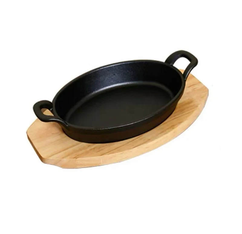 Sub-equip,CIPO-2417,Enamel Oval Mini Cast Iron Platter with Wooden Base,2pcs/set (24cm/9.5"x17cm/6.7")