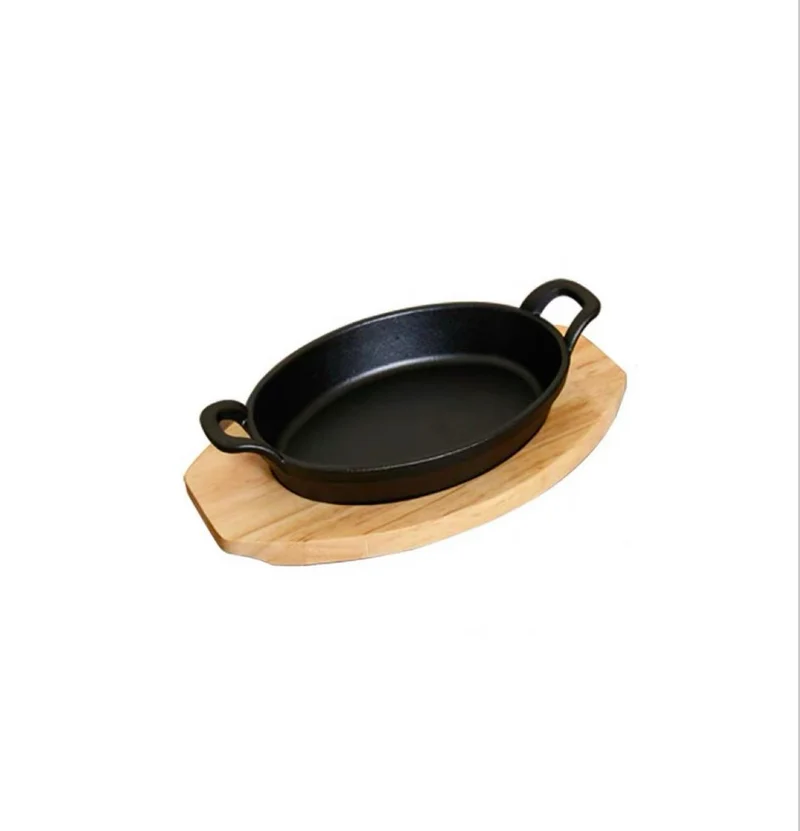 Sub-equip,CIPO-2115,Enamel Oval Mini Cast Iron Platter with Wooden Base,2pcs/set (21.5cm/8.5"x15.3cm/6")