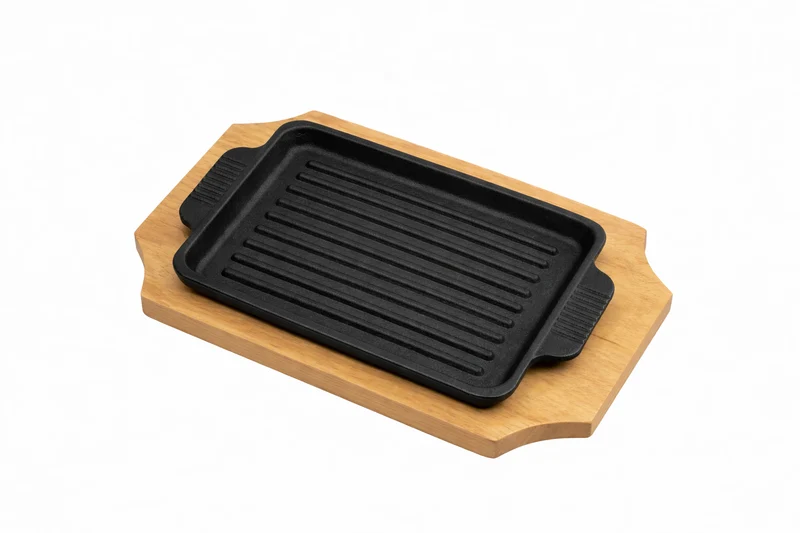 Sub-equip,CIPR-1512,Enamel Rectangular Mini Cast Iron Ribbed Platter with Wooden Base,2pcs/set (16cm/6.3"x12.3cm/4.8")