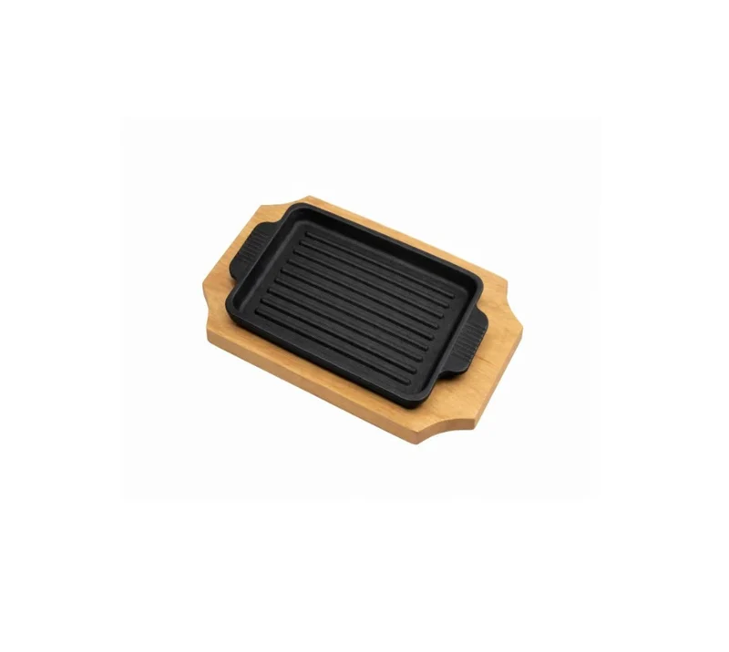Sub-equip,CIPR-1310,Enamel Rectangular Mini Cast Iron Ribbed Platter with Wooden Base,2pcs/set (13.7cm/5.4"x11.8cm/4.7")