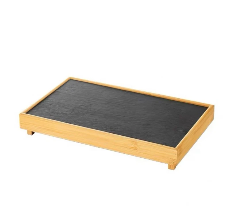 CHEFCO,ZIP-42276, Stone Grill Plate with Bamboo Tray( 42cm/16.5" L× 22cm/8.7"Wx6cm/2.4"H）