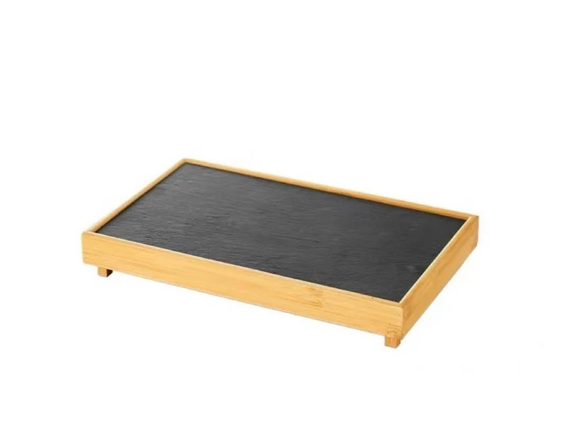 CHEFCO,ZIP-37226, Stone Grill Plate with Bamboo Tray( 37cm/14.6" L× 22cm/8.7"Wx6cm/2.4"H)