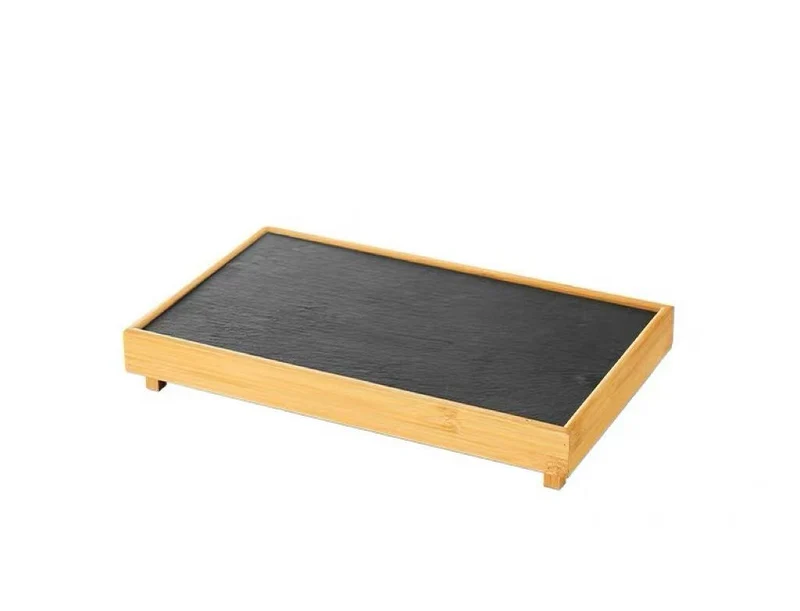 CHEFCO,ZIP-32226, Stone Grill Plate with Bamboo Tray( 32cm/12.6" L× 22cm/8.7"Wx6cm/2.4"H)