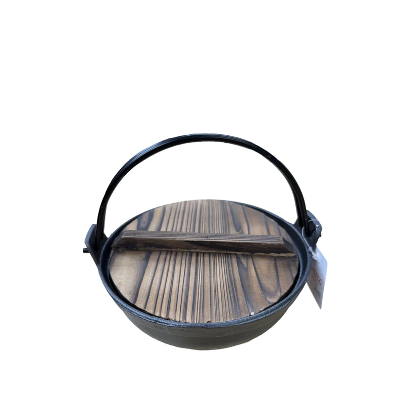 CHEFCO,IBS-18B,18cm/7" Dia Cast Iron Flat Bottom Serving Pot With Wire Handle & Wood Cover