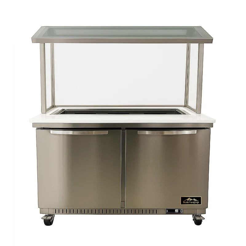 Sub-equip, CSSU-60M-SV, 60" salad and sandwich Prep Table with Glass Sneeze Guard, Quartz stone countertop