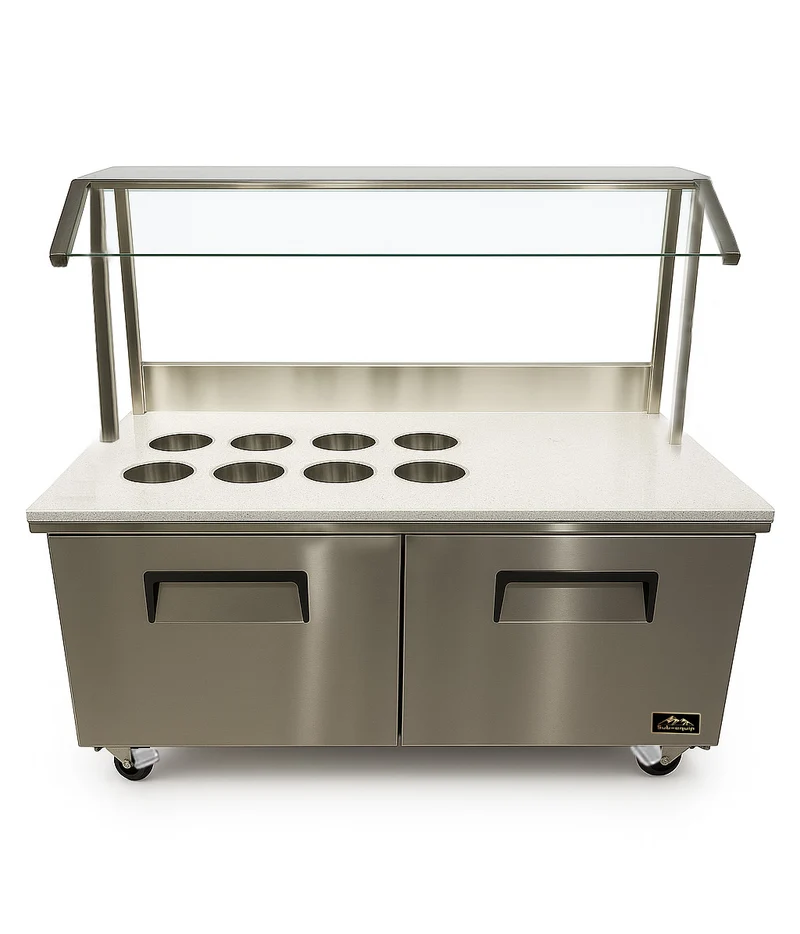 Sub-equip, CUC-60-ST, 61" Stainless Steel Refrigerated Marble Topping Station with Glass Shield – 8-Pan Counter & Double Drawers