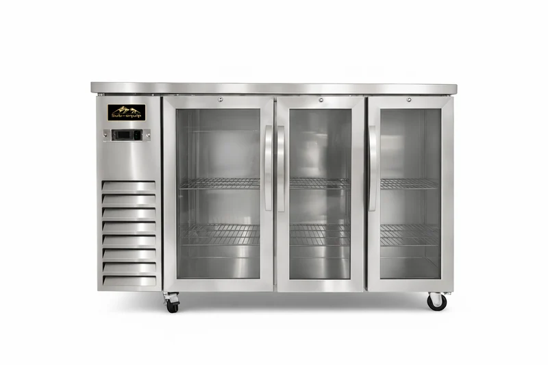Sub-equip, CBB27-72-2HG-S, 72" Stainless Steel Countertop height Glass Door Back Bar Refrigerator with LED Lighting (72"W x 27.5"D x 41.6"H)