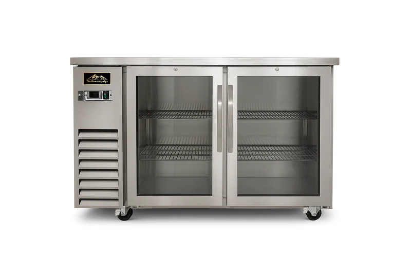 Sub-equip, CBB27-60-2HG-S, 60" Stainless Steel Countertop height Glass Door Back Bar Refrigerator with LED Lighting (60"W x 27.5"D x 41.6"H)