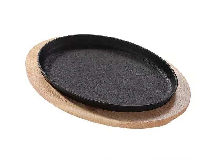 Chefco, CISP-10.5F, Oval cast iron sizzling plate with wooden base, 2pcs/set