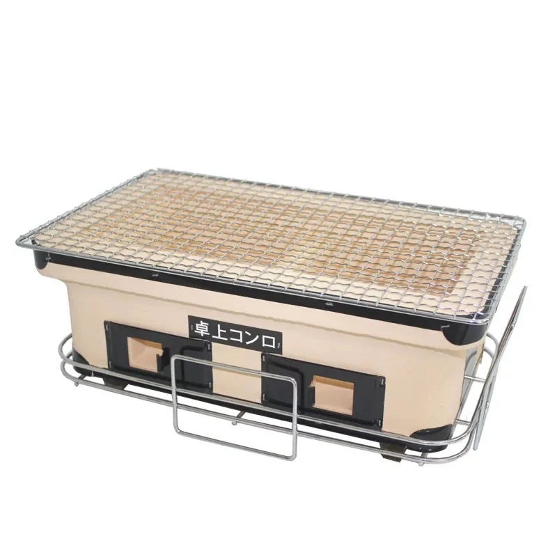 Rectangular Japanese Ceramic Clay Charcoal Grill, Mini Grill Stove with Charcoal Grate and Stand for Indoor and outdoor