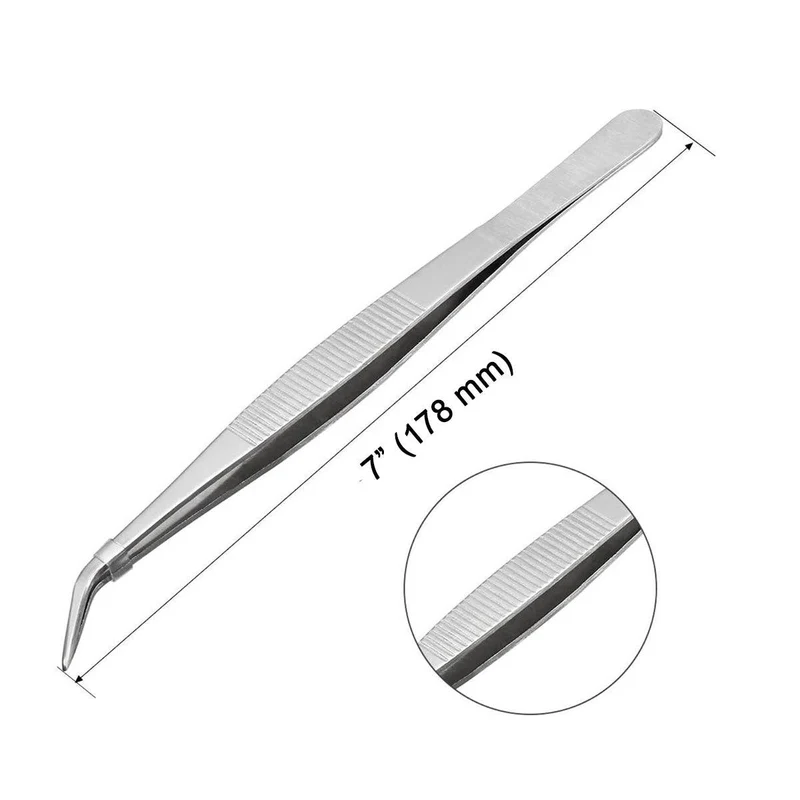 304 Stainless Steels Tweezers with curved 60 Degree Serrated Tip Professional Multi Purpose Tongs Tool for Industrial Work, Laboratory Use, Gardening