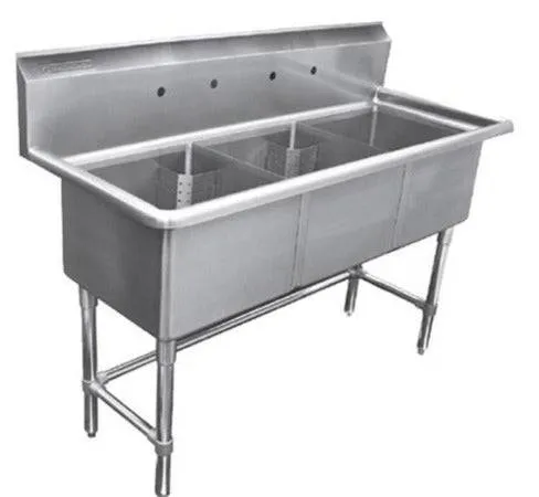 Metal 304, S3C202014-316, 16-Gauge 304 Stainless Steel Three Compartment Sink, No Drainboards (66" x 26" x 43.2")