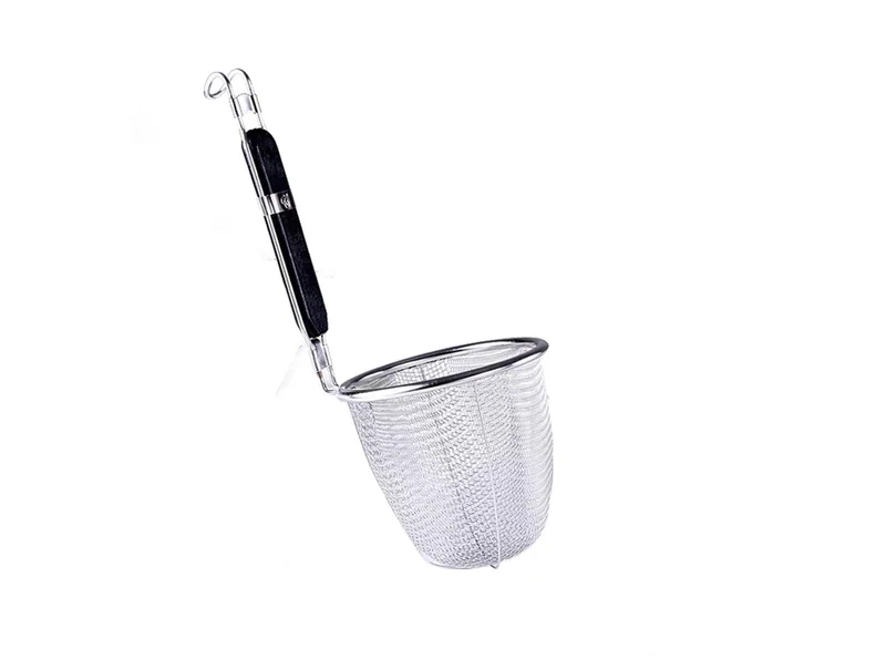CHEFCO,MNS-1414K,Extra Heavy Duty Stainless Steel Pasta Strainer, Black Wooden Handle (5.3"Dia x 5.5"H)