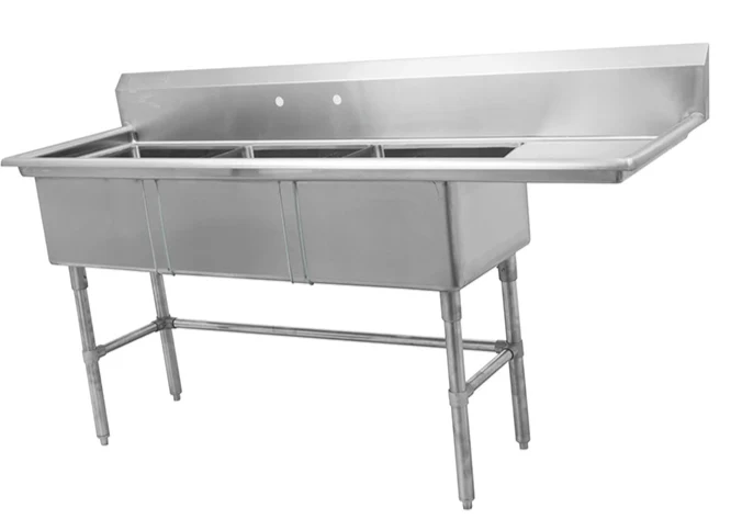 75.1"16-Gauge 304 Stainless Steel Three Compartment Sink with Right Drainboard (75.1" x 27" x 44.5")
