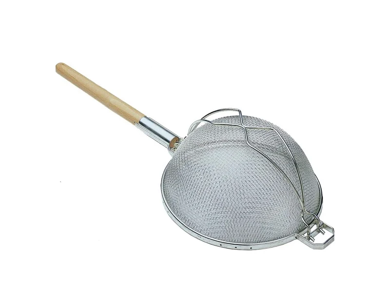 Sub-equip,RSS-12D, 12" Reinforced Heavy-Duty Medium Stainless Steel Double Mesh Strainer with Round Wooden Handle & Hanging Hook
